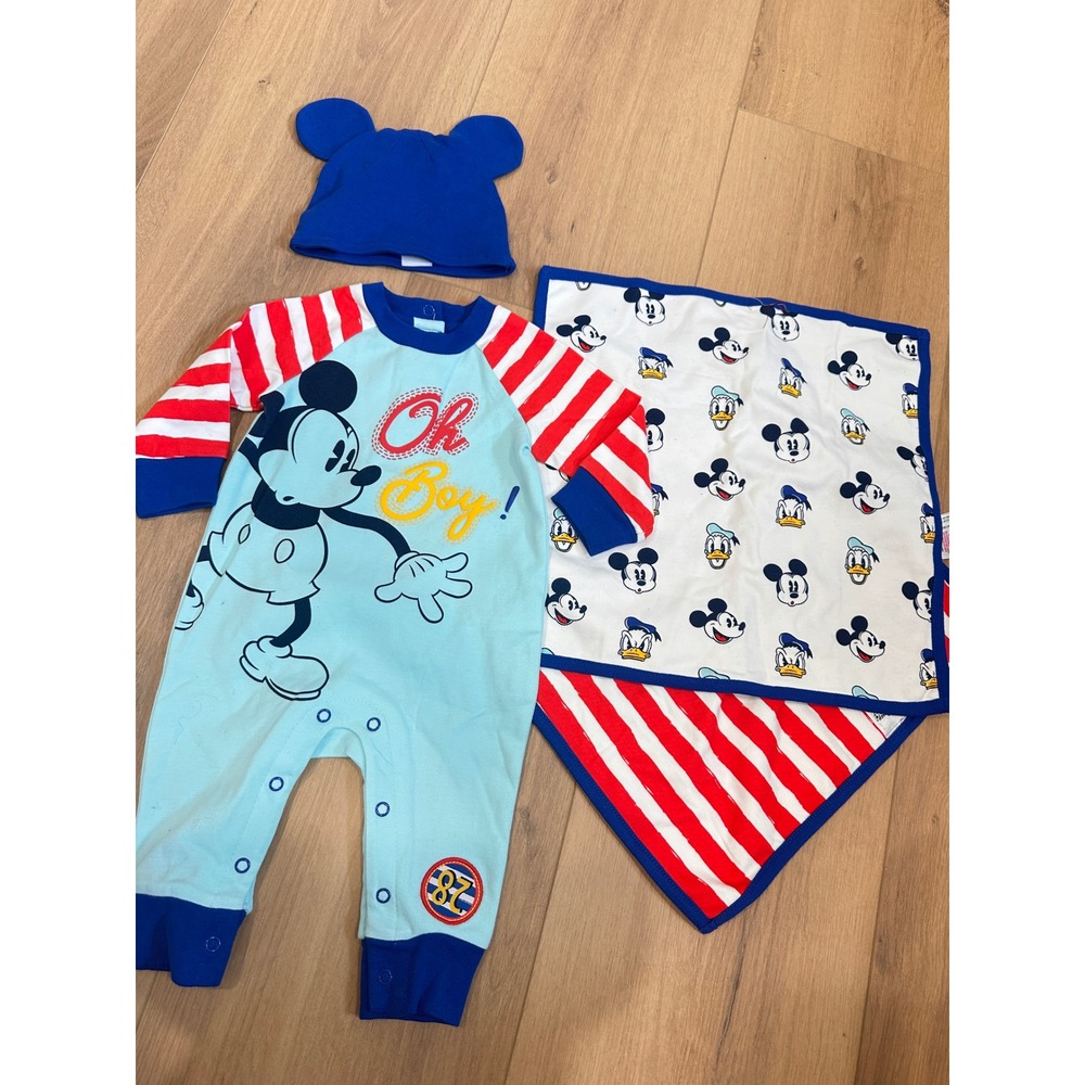 Disney Baby Boy Mickey Mouse Romper Hat and burp cloth Set 3-6 Months Blue Red